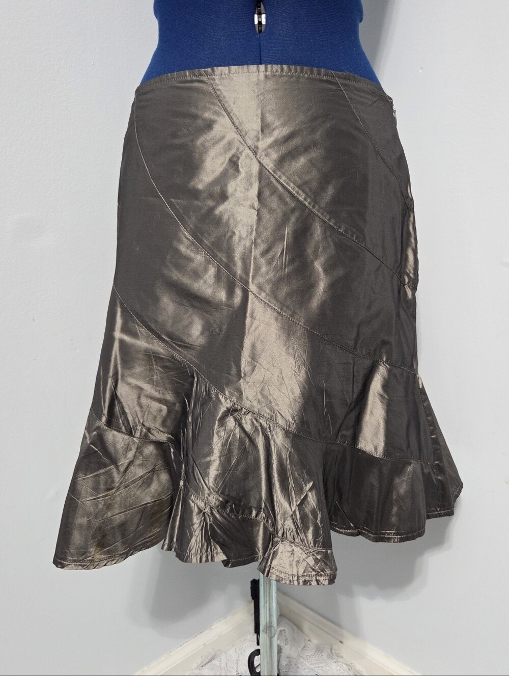Metallic Gunmetal Silver Silk Taffeta Mini Skirt Size 8